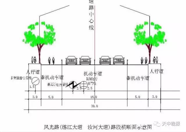 江大道)段取消道路机非绿化隔离带,道路断面由现状三幅路调整为单幅路