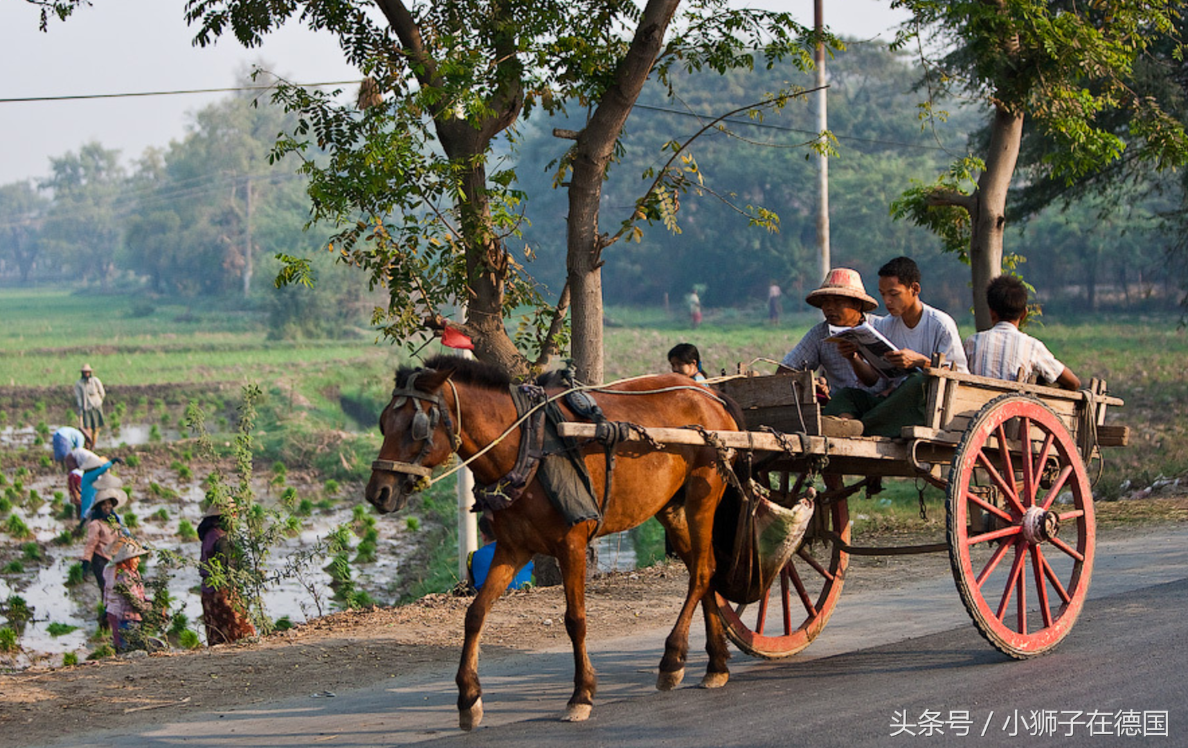 缅甸公路一景,卡车充当公交车,农村运输靠马车