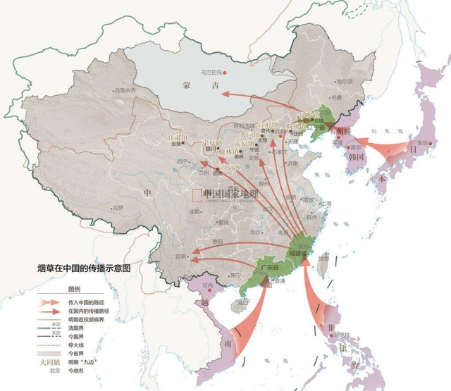 烟草在中国传播示意图