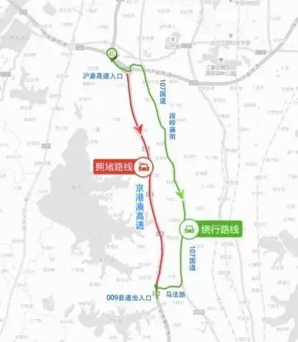 绕行路线:从沪渝高速入口下高速,沿107国道-段岭庙街-107国道-马法路