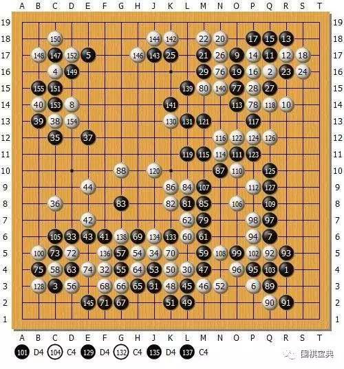 这是总谱,柯洁执白对阿尔法围棋,下边的变化图请自行对照棋谱.