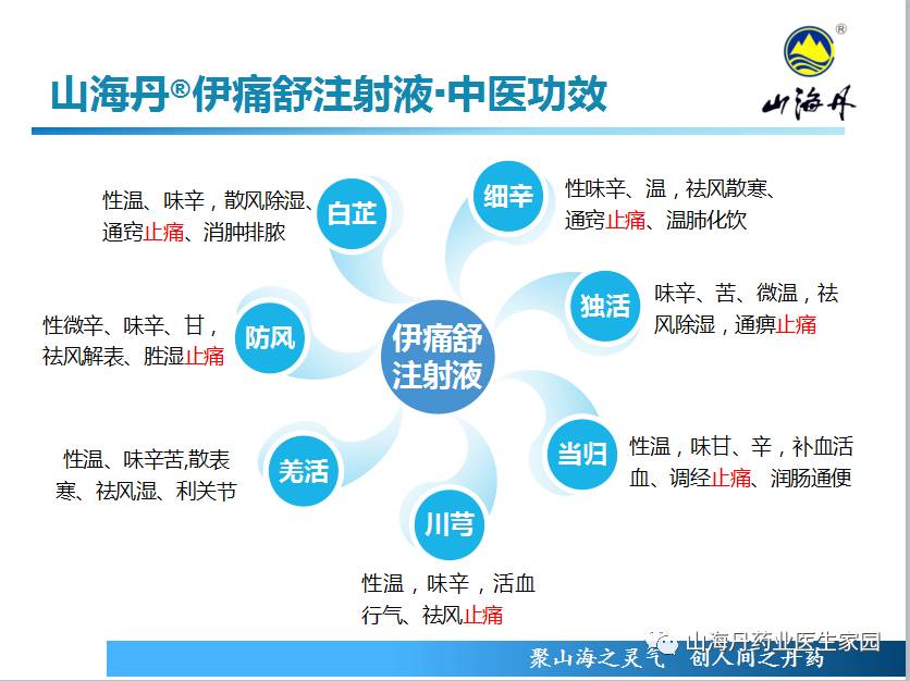 【山海丹精品-山海丹伊痛舒注射液组方中,西医药理功效分析