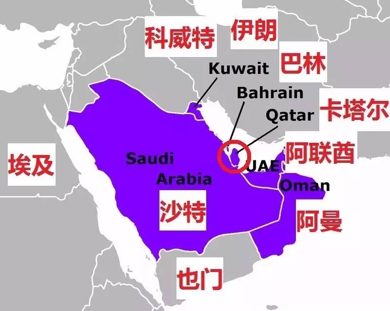 图中红色圈圈就是卡塔尔,没出现在地图上的是利比亚和马尔代夫,其中