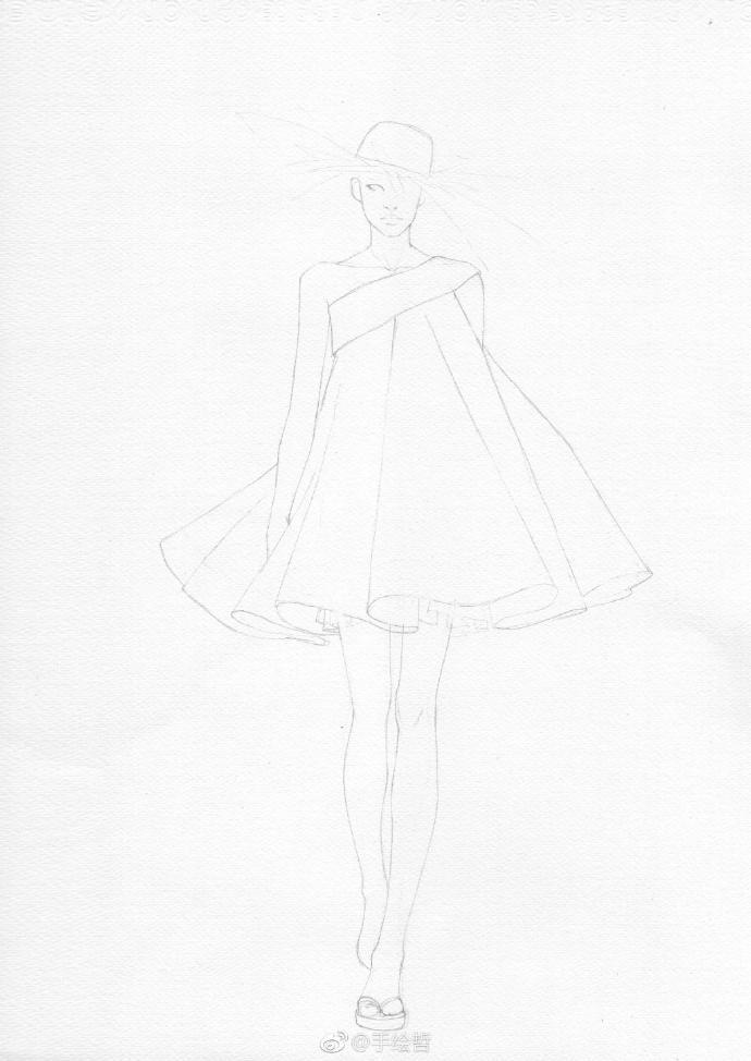 一步:先勾勒出模特与服装的整体构图(皮肤色:法卡勒三代173,174,裙子