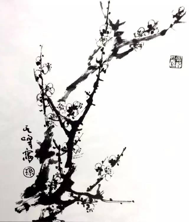 先画淡枝,趁湿再画浓枝,浓墨与淡墨混融在一起.