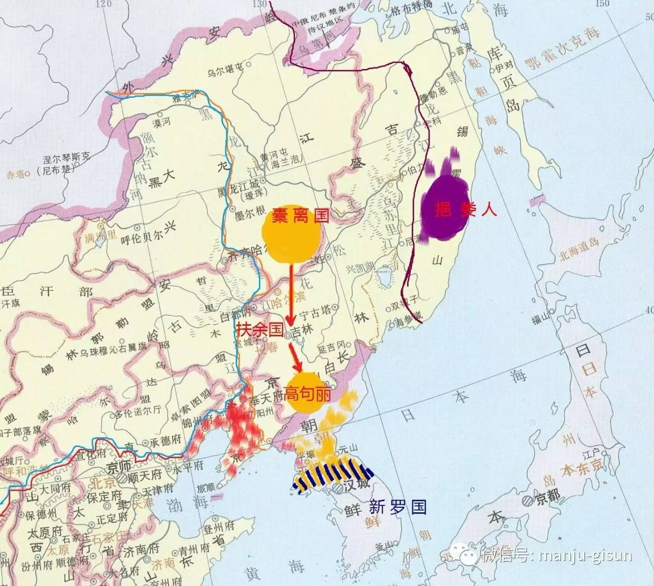 橐离国最早出现于扶余国创始神话中,扶余始祖东明自橐离国而来,橐离