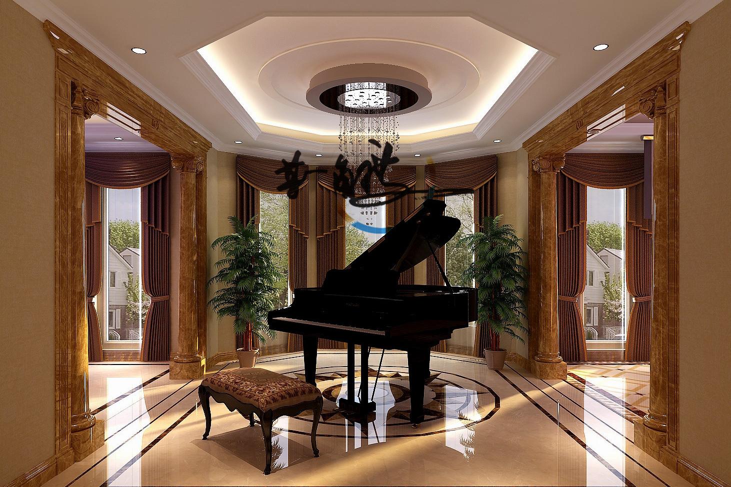 美式清新客厅钢琴室内装修效果图图片素材-编号29045280-图行天下