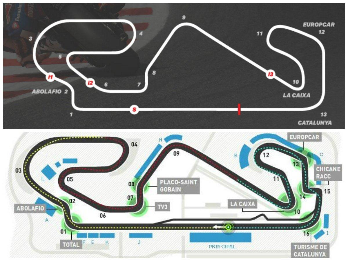 如下图,黄色走线是motogp赛道的13,14,15弯改建后的布局,f1赛道总长