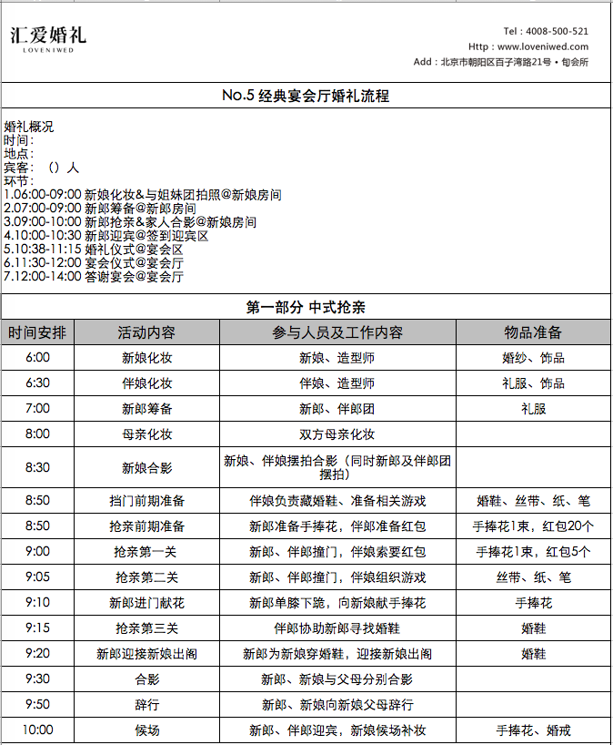 这是一份完整的汉化西式宴会厅婚礼流程,从早晨新郎新娘起床,早餐