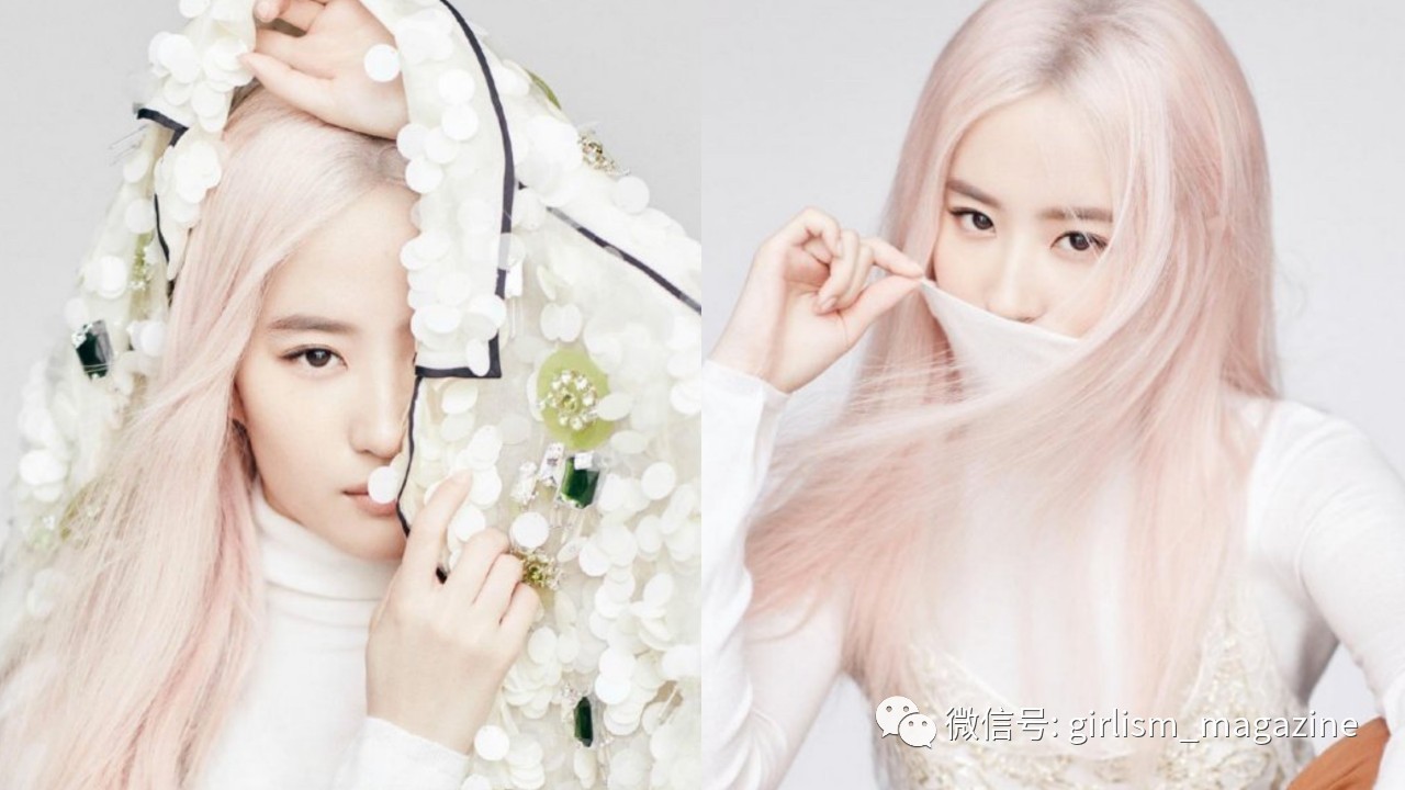 给人黑发印象的刘亦菲也有过粉毛造型,亮度超高的银粉色在她头上也毫