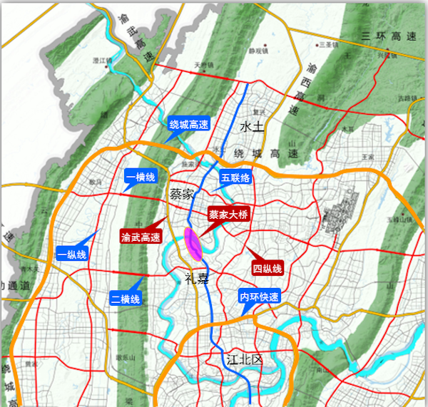 即"两隧四桥五路"(歇马隧道,土主隧道,水土大桥,蔡家大桥,马鞍石复线