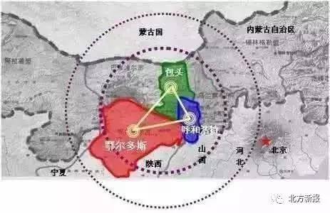 呼和浩特,包头,鄂尔多斯 三地的地图 呈品字形分布 被誉为内蒙古的"