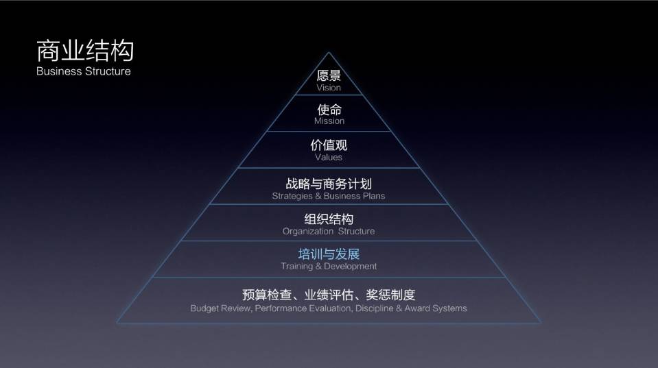 金字塔的逻辑,任何一家企业都要有愿景,使命,价值观,才会有我们的战略