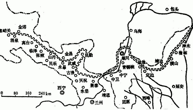 ▼ 明长城西段线路图张掖出发西行200余公里,就是万里长城第一关