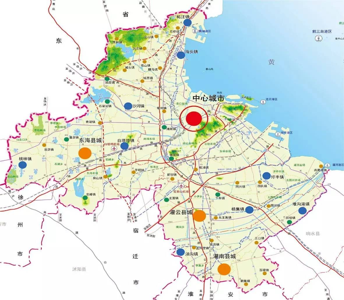 连云港市市域行政范围,包括海州,连云,赣榆3区和东海,灌云,灌南3县图片