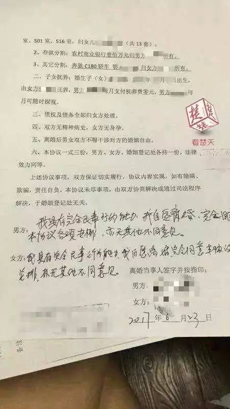 武汉土豪离婚协议曝光:女方共分得63套房产