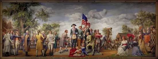 何新:美国开国总统华盛顿作为共济会长老主持仪式的油画