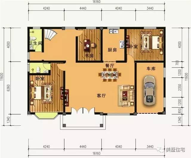 一层平面图:设有1客厅,2卧室,1书房,2卫生间,1车库.