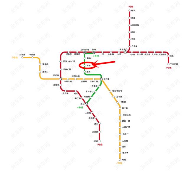 在4号线也能明显找到"新塘站"在杭州地铁线路图中上图"新塘站"的地铁