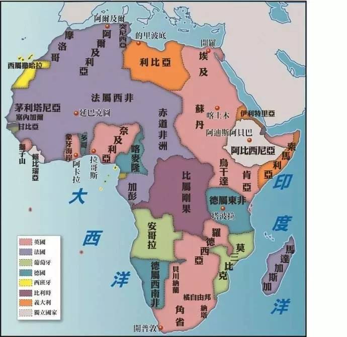 第一次世界大战前的非洲地图,整个非洲只有埃塞俄比亚和利比里亚两个