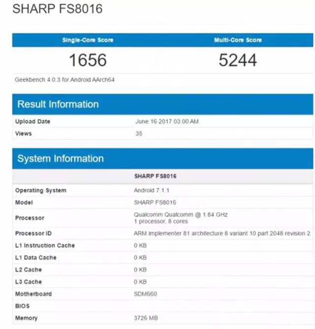 早在6月初就有一款型号为fs8016的夏普新机曾现身跑分网站geekbench