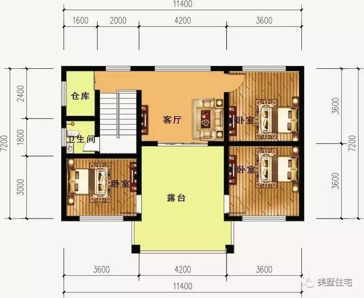 三层平面图:设有三卧室,客厅,仓库,露台 占地尺寸:11x7米 占地面积