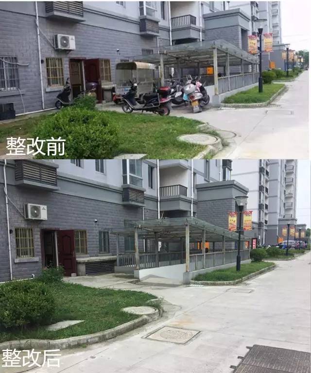 小区)南大门西侧地下停车库入口电动车乱停放整改前后对比搬经镇▲横