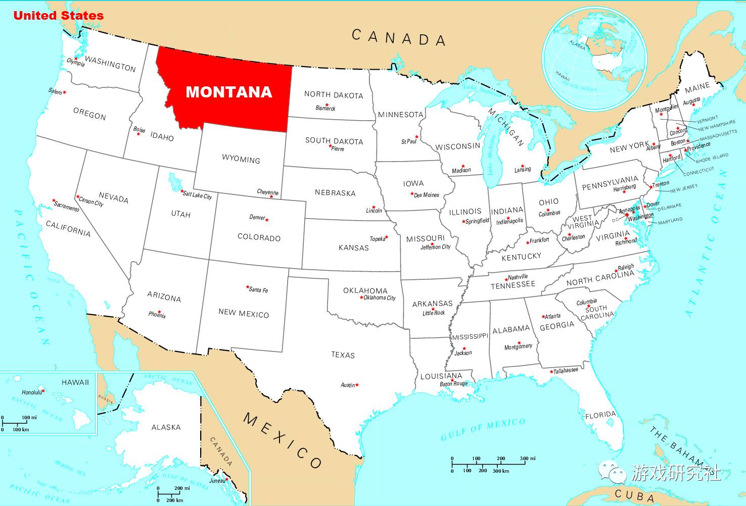 美国本土48州中,蒙大拿州的占地面积位列第三,仅次于加州 另一方面,在