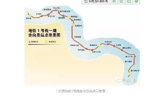 (东莞地铁1号线走向及站点示意图)