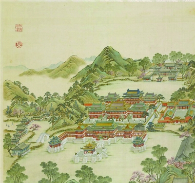 该图为圆明园四十景中的"方壶胜境",最左侧三座小塔处便是"三潭印月".