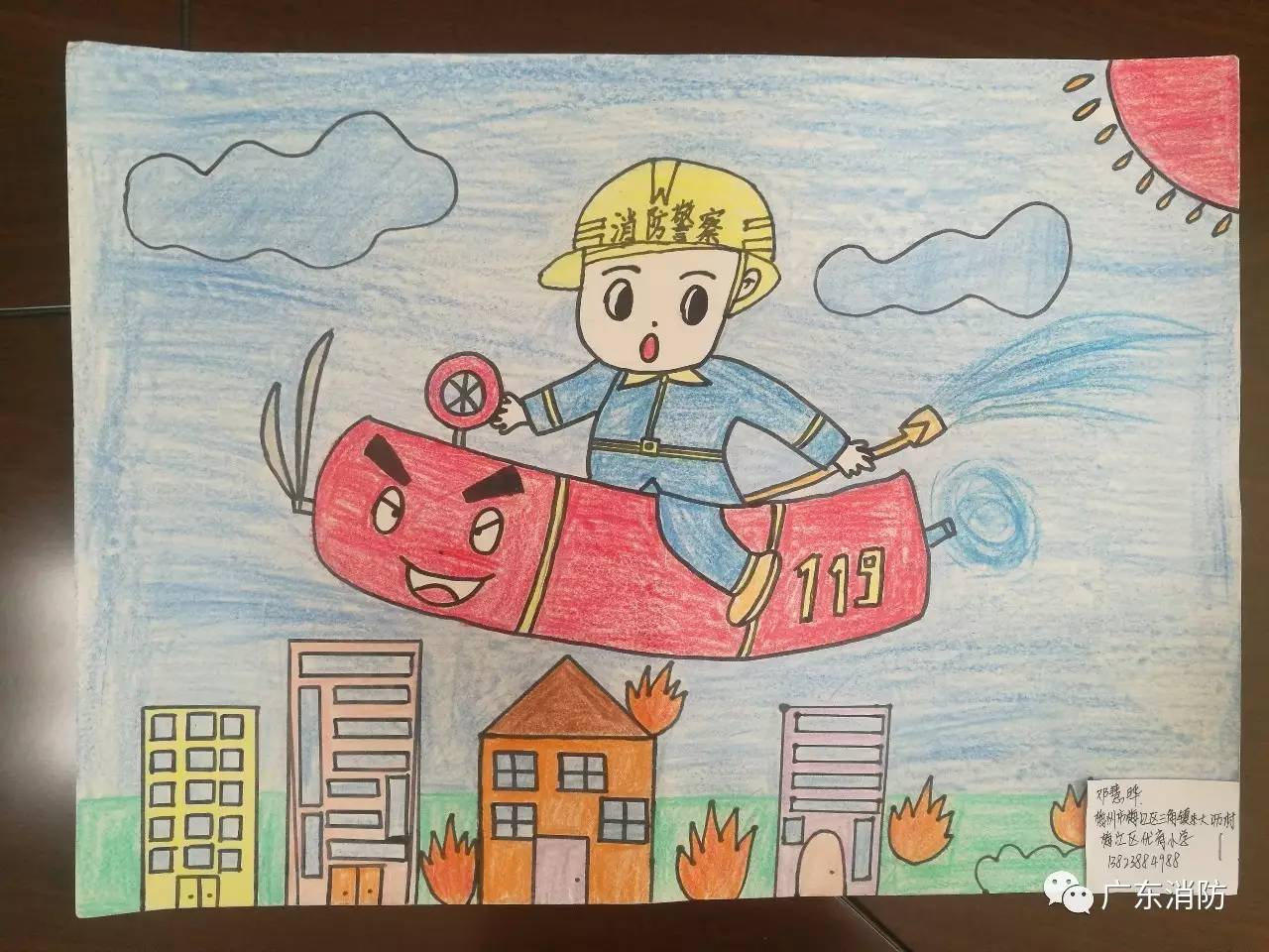 学校:深圳市洪湖小学 年级:六年级 21 画名:《关注消防 珍爱生命》