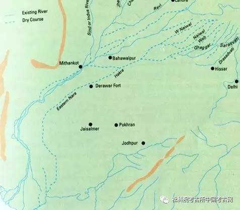 图五:虚线表示萨拉斯瓦蒂河(saraswati)实线为印度河及其支流