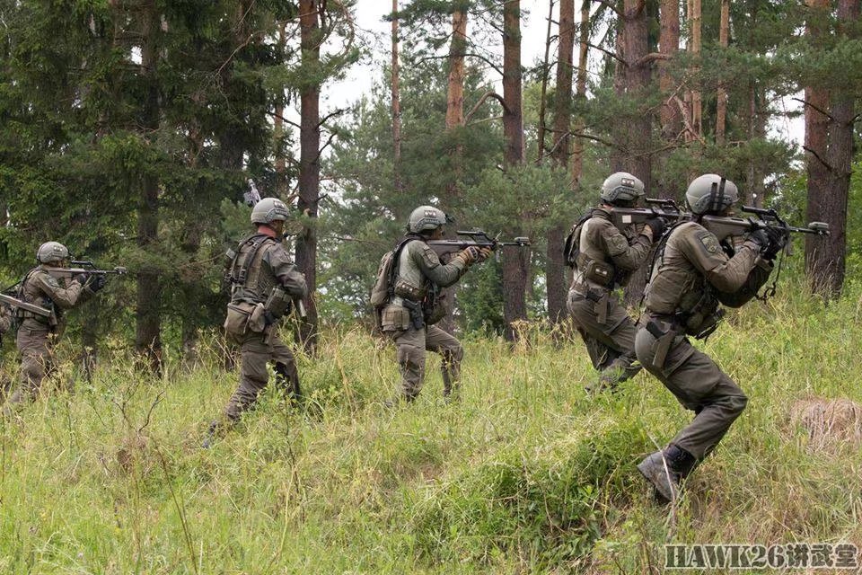 奥地利士兵平端aug步枪搜索树林,注意腰间都佩戴格洛克手枪,这两种