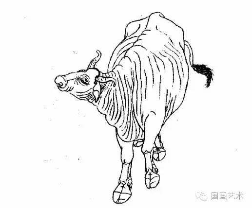 工笔画法以传统的国画白描手法画牛,用线概括,简洁.