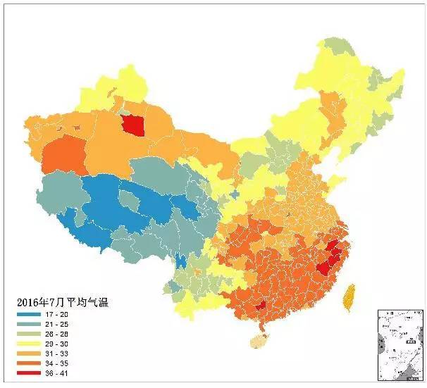 2016年七月只有浙江杭州,金华等地平均温度高于35摄氏度,转眼2017高温