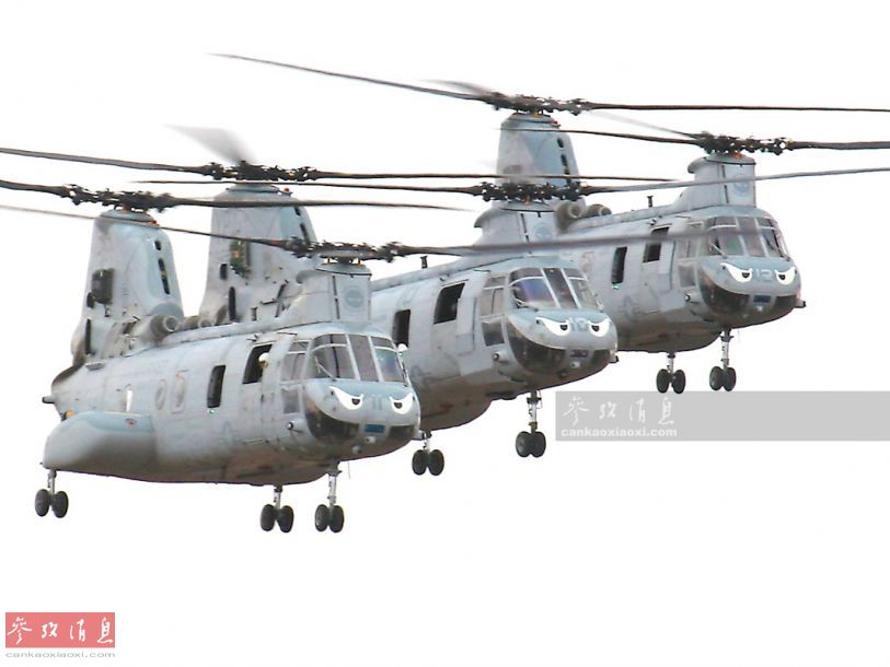 ch-46直升机三机密集编队,涂装是亮点.