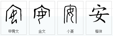 安,甲骨文 (宀,新房) (女,新娘).金文 ,篆文 承续甲骨文字形.