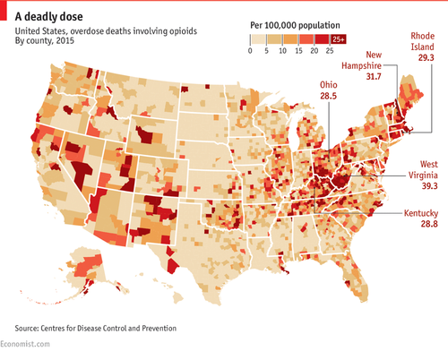 英国《经济学家》杂志绘制的美国阿片类药物过量使用致死地图图片