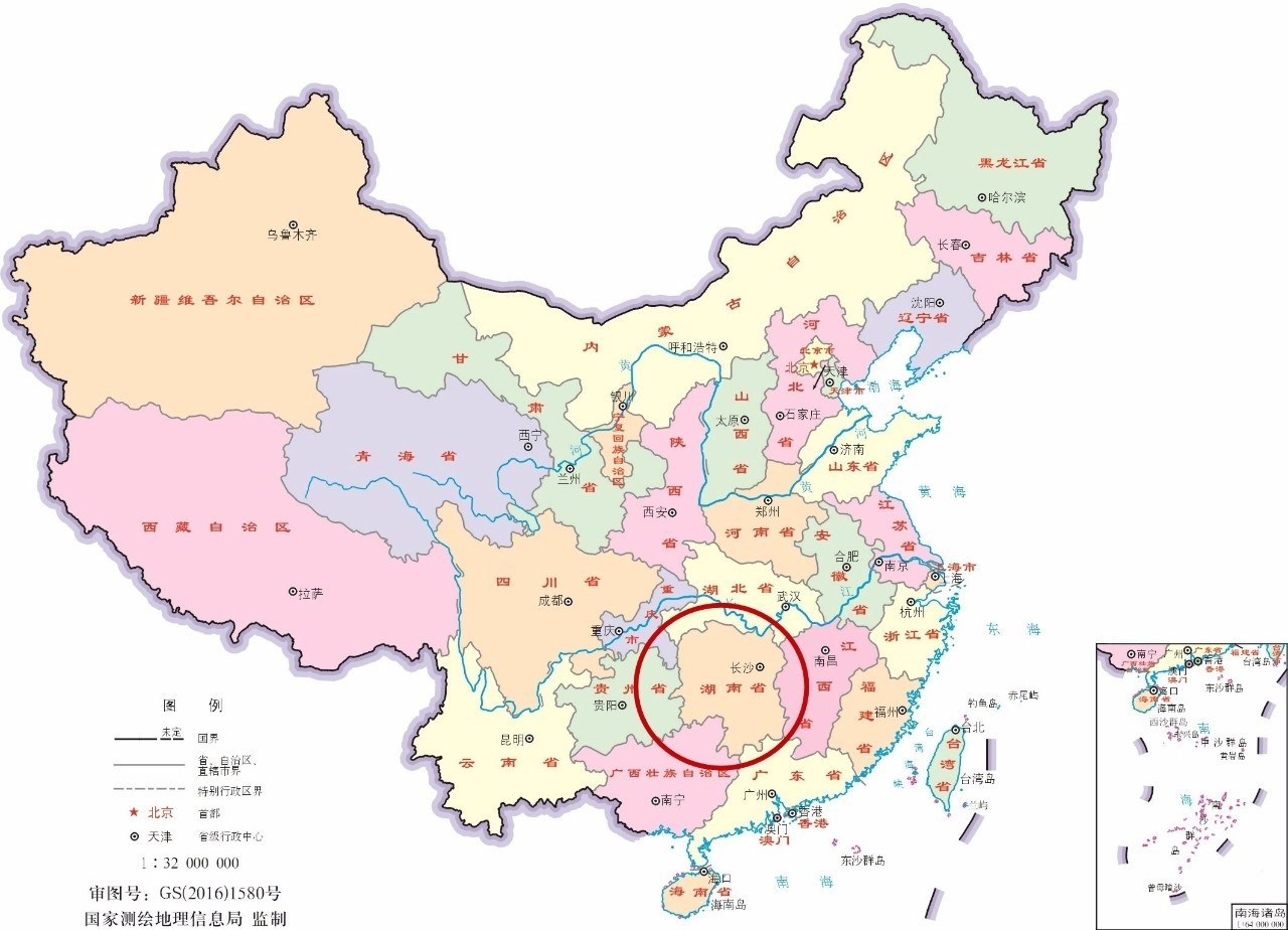 (湖南省位置示意图,它位居内陆,邻省广东,湖北gdp都优于湖南;江西则