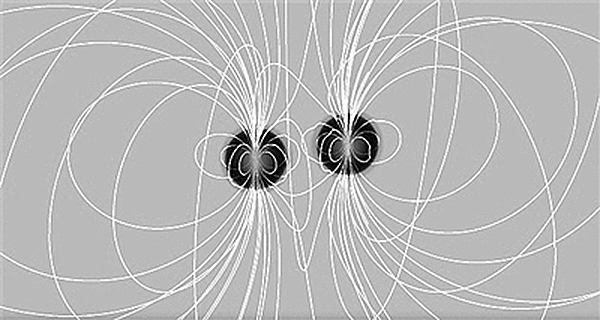 中子星合并模拟图,白色代表磁力线. 图片来源:《自然》杂志官网