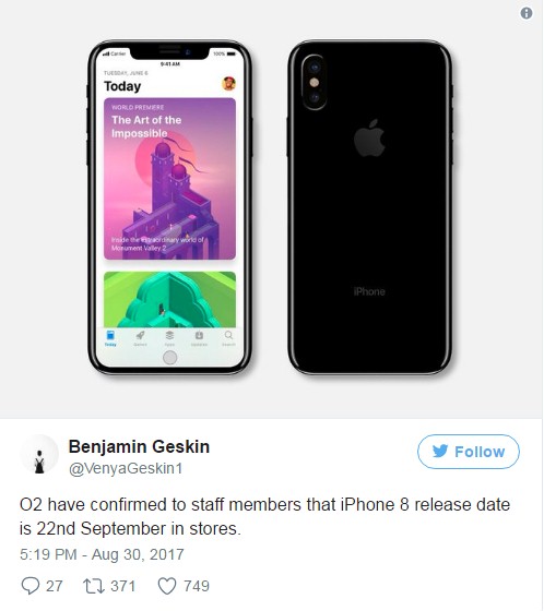 爆料大神：英国营运商O2确认iPhone8将于9月22日发售