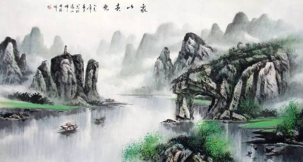 中国の水墨画、盧景春 肉筆漓江煙雨 掛け軸 大幅 名品绘画 。呉須 