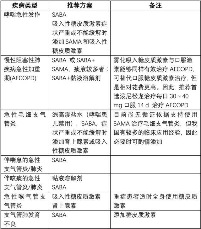 被认可的呼吸道疾病雾化治疗推荐方案,药物,推荐的用法用量及药物配伍