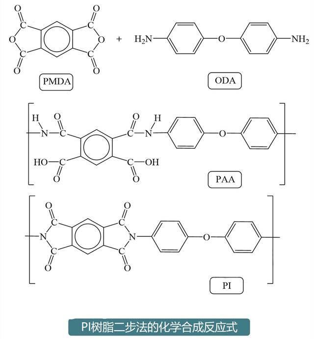 和二氨基二苯醚(oda)为原料的pi树脂的化学合成反应式及其分析结构