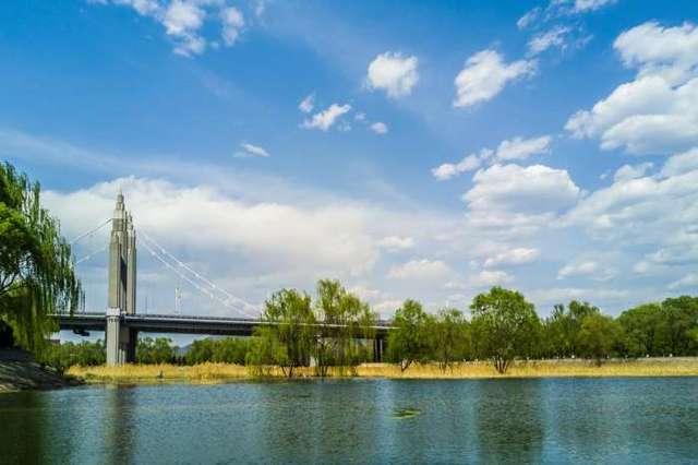 北京昌平濱河公園現水鄉風光 航拍大氣壯觀