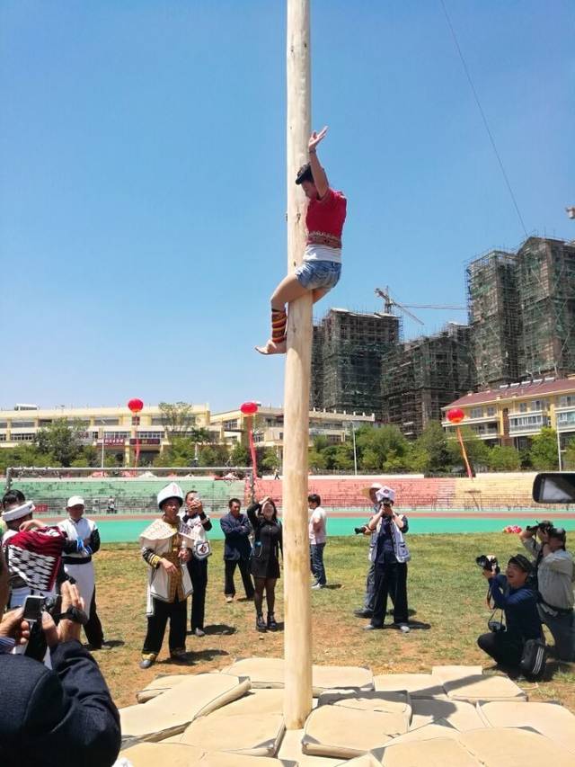 女子也可以 在爬花杆活动环节,每当苗族同胞表演者爬上一根12米高,用