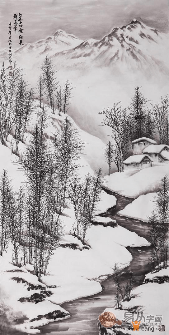 雪景山水画 吴大恺四尺竖幅作品《江山十日雪》作品来源:易从网