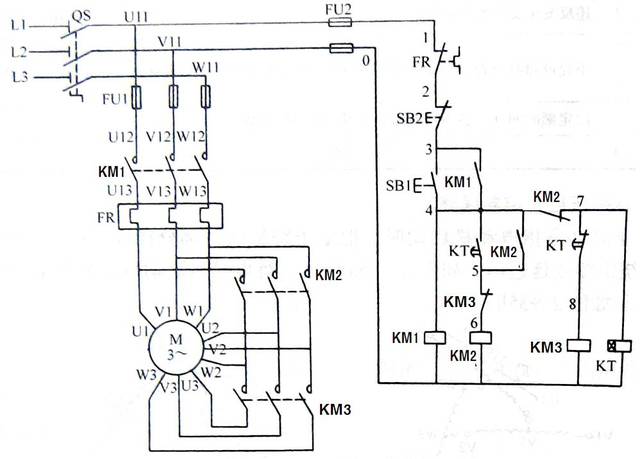 3)時間繼電器自動控制y-△減壓起動電路 星形方式起動時,繞組兩端的