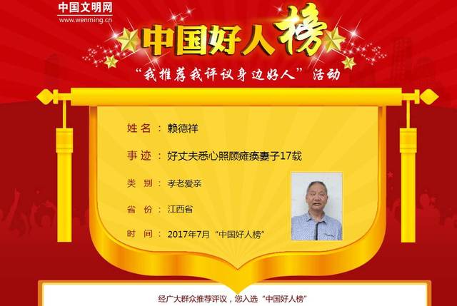 喜讯!历市镇的赖德祥,被评为"中国好人"啦