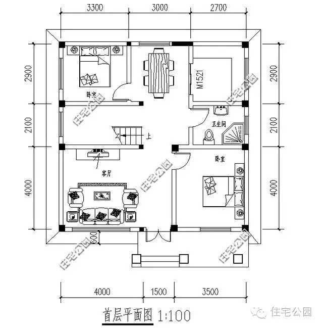 平面佈局圖: 此戶型一層設有客廳,廚房,餐廳和2個臥室.